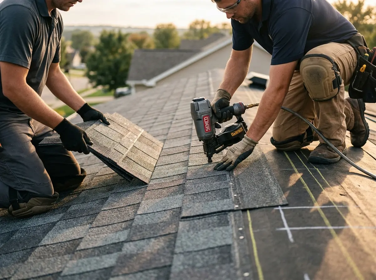 Professional roofer working on a residential roof in Conover